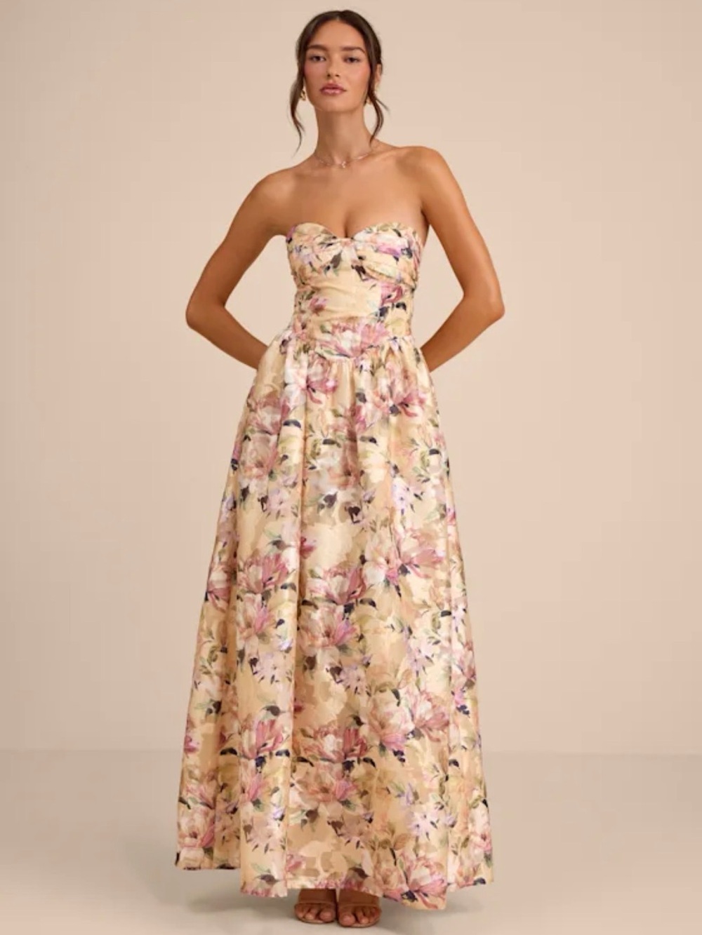 Kathani Light Yellow Floral Jacquard Bustier Maxi Dress